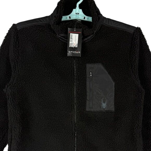 $129.00 Spyder Men's Full Zip Logo Warm Cozy Black Sherpa Jacket Size Medium NWT - Picture 3 of 11